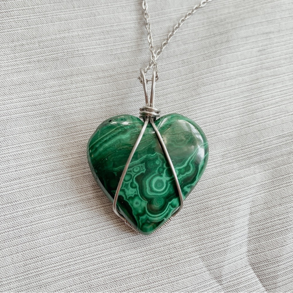 Malachite Heart Handmade Wire-Wrapped Pendant Necklace